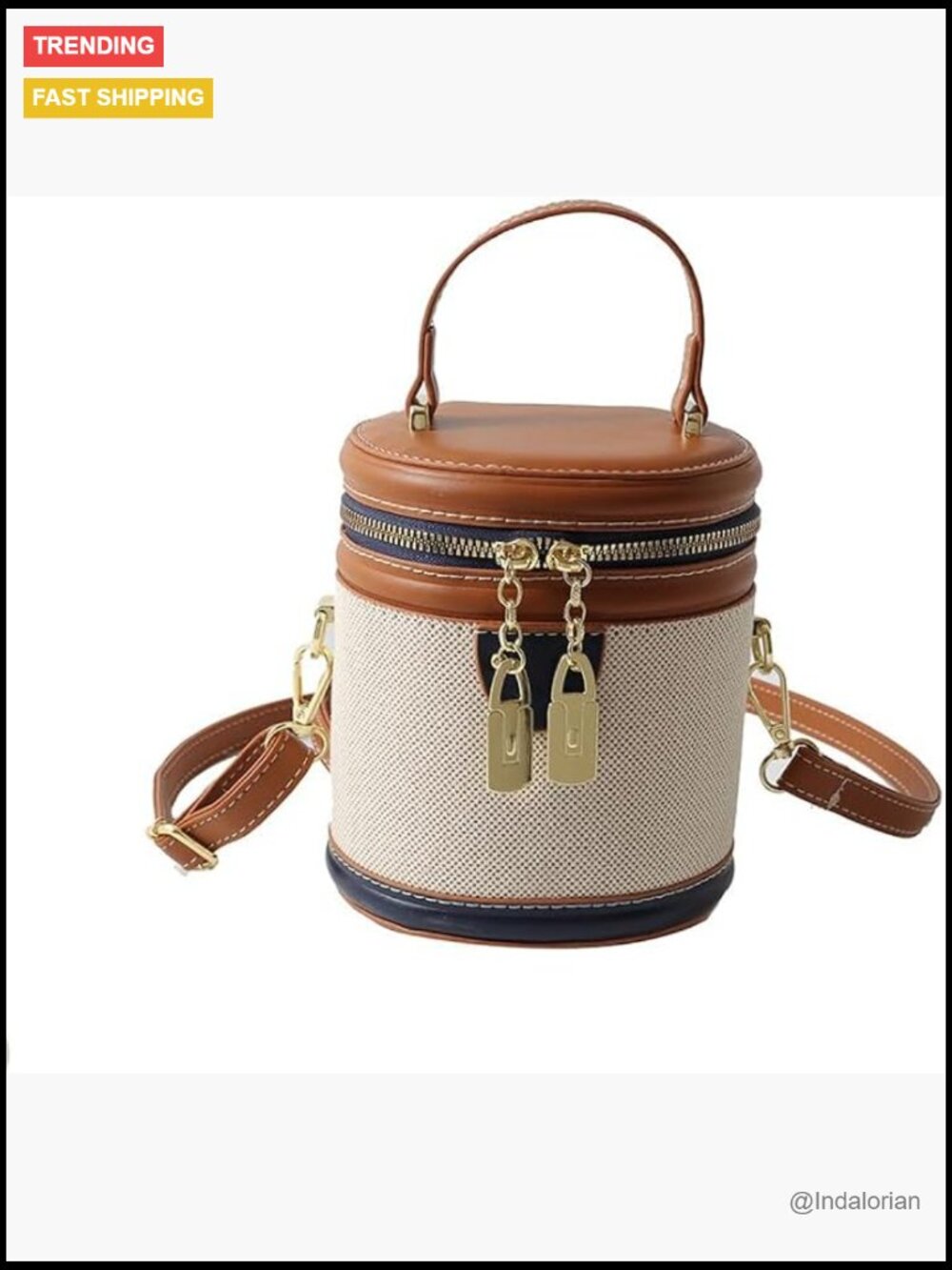 Retro Vertical Cylinder Purse, Color Contrast Bucket Bag, PU Leather & Canvas,